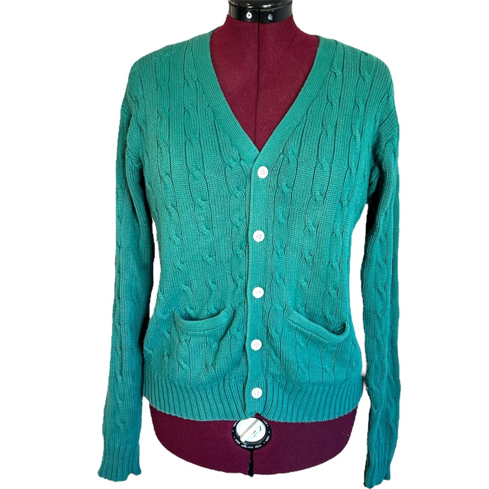 Vtg POLO RALPH LAUREN Teal Green 100% Cotton Cable-knit Cardigan Sweater  XL/20